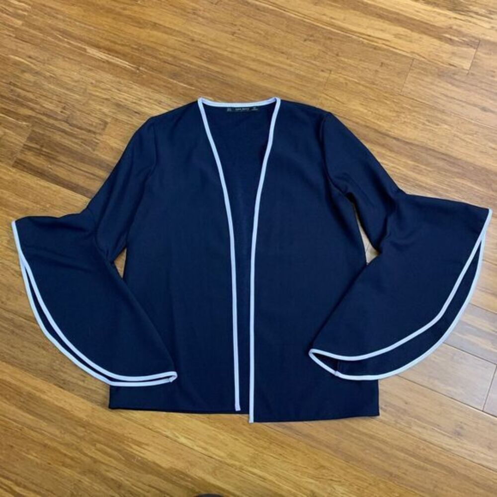 Zara Basic Top Womens Small Navy Bell Sleeve Cardigan White Trim Open Front Work